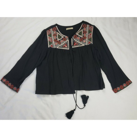 Anandas Collection - Open Front Boho Peasant Embroidered Tassel Neck Top - Sz. L - Picture 2 of 11